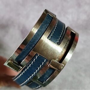 Hermès Sliding H Bracelet Blue Calf Skin Leather Palladium Iconic H